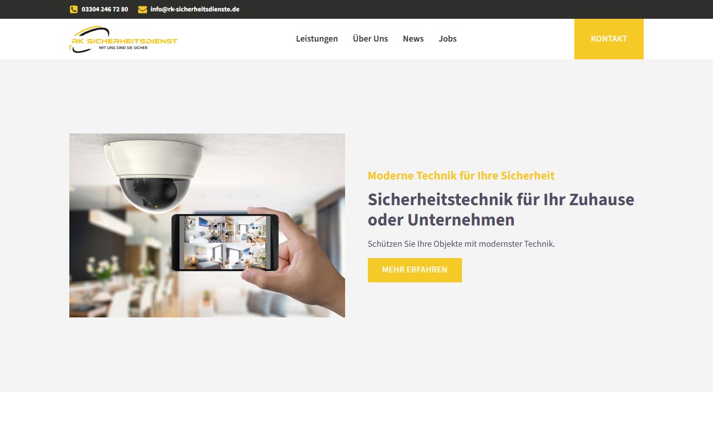 Website von RK Sicherheitsdienst e.K. – Desktopansicht: Moderne Sicherheitstechnik
