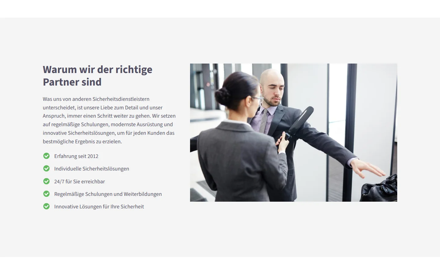 Website von RK Sicherheitsdienst e.K. – Desktopansicht: Warum wir der richtige Partner sind