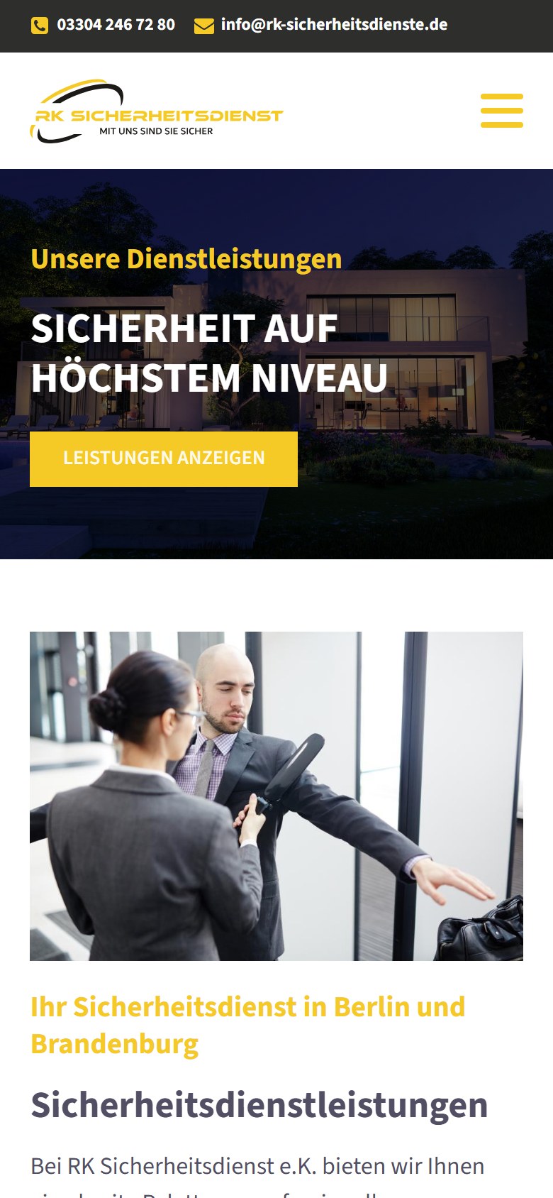 Website von RK Sicherheitsdienst e.K. – Handyansicht: Sicherheitsdienstleistungen von Profis