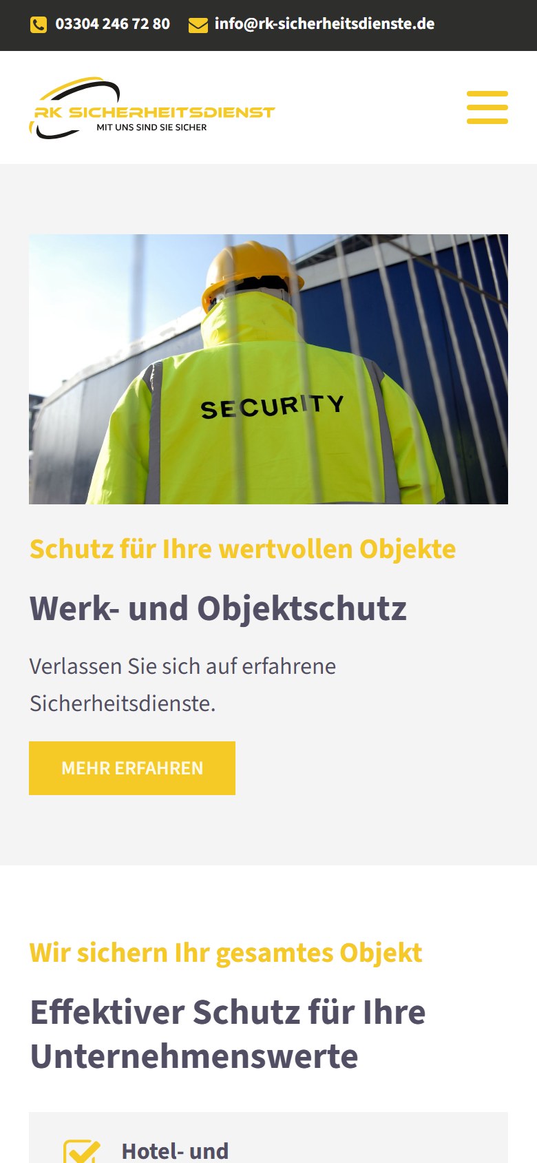 Website von RK Sicherheitsdienst e.K. – Handyansicht: Werk- und Objektschutz