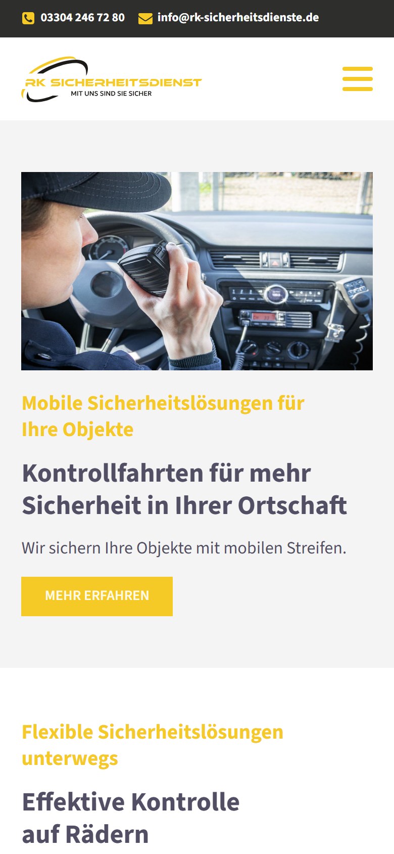 Website von RK Sicherheitsdienst e.K. – Handyansicht: Sicherheitsfahrten & Interventionsdienst