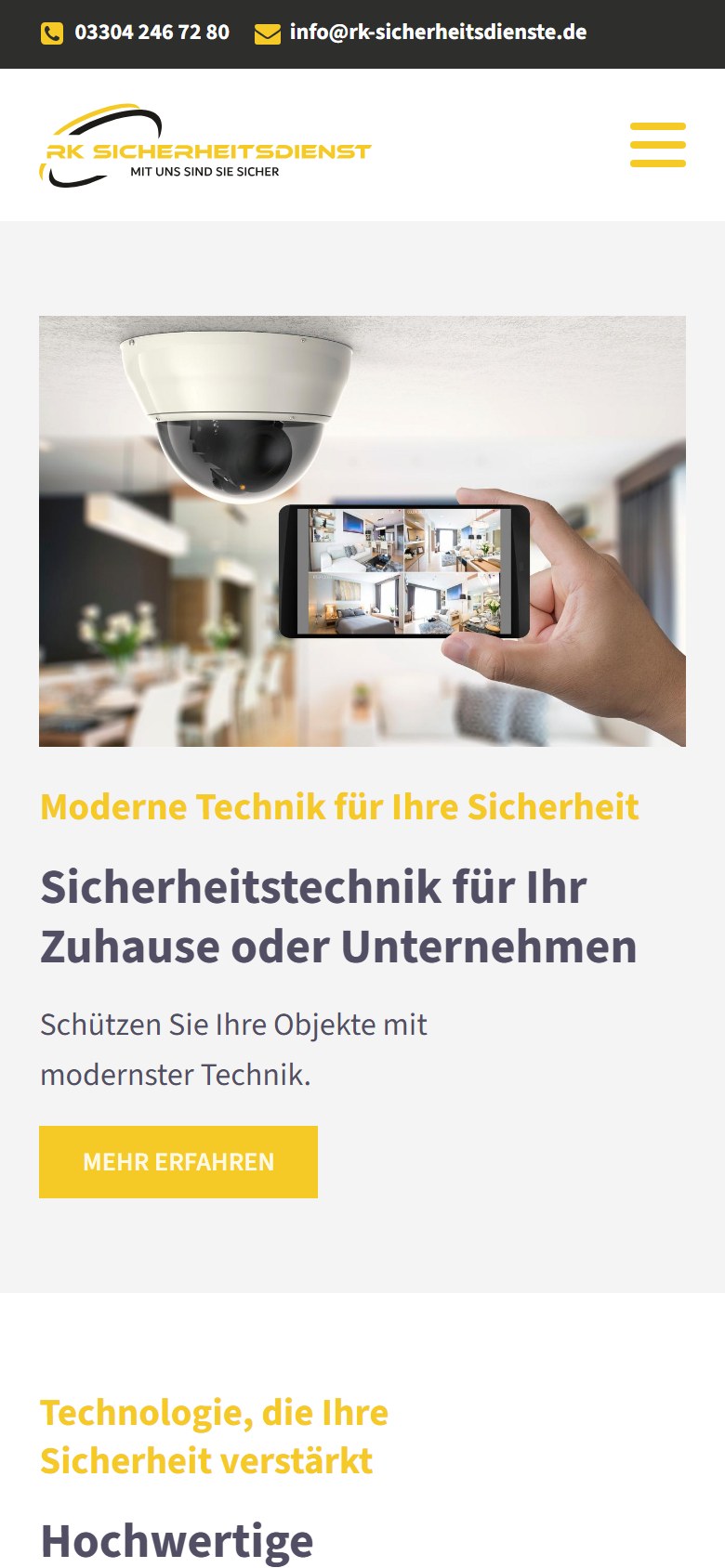 Website von RK Sicherheitsdienst e.K. – Handyansicht: Moderne Sicherheitstechnik