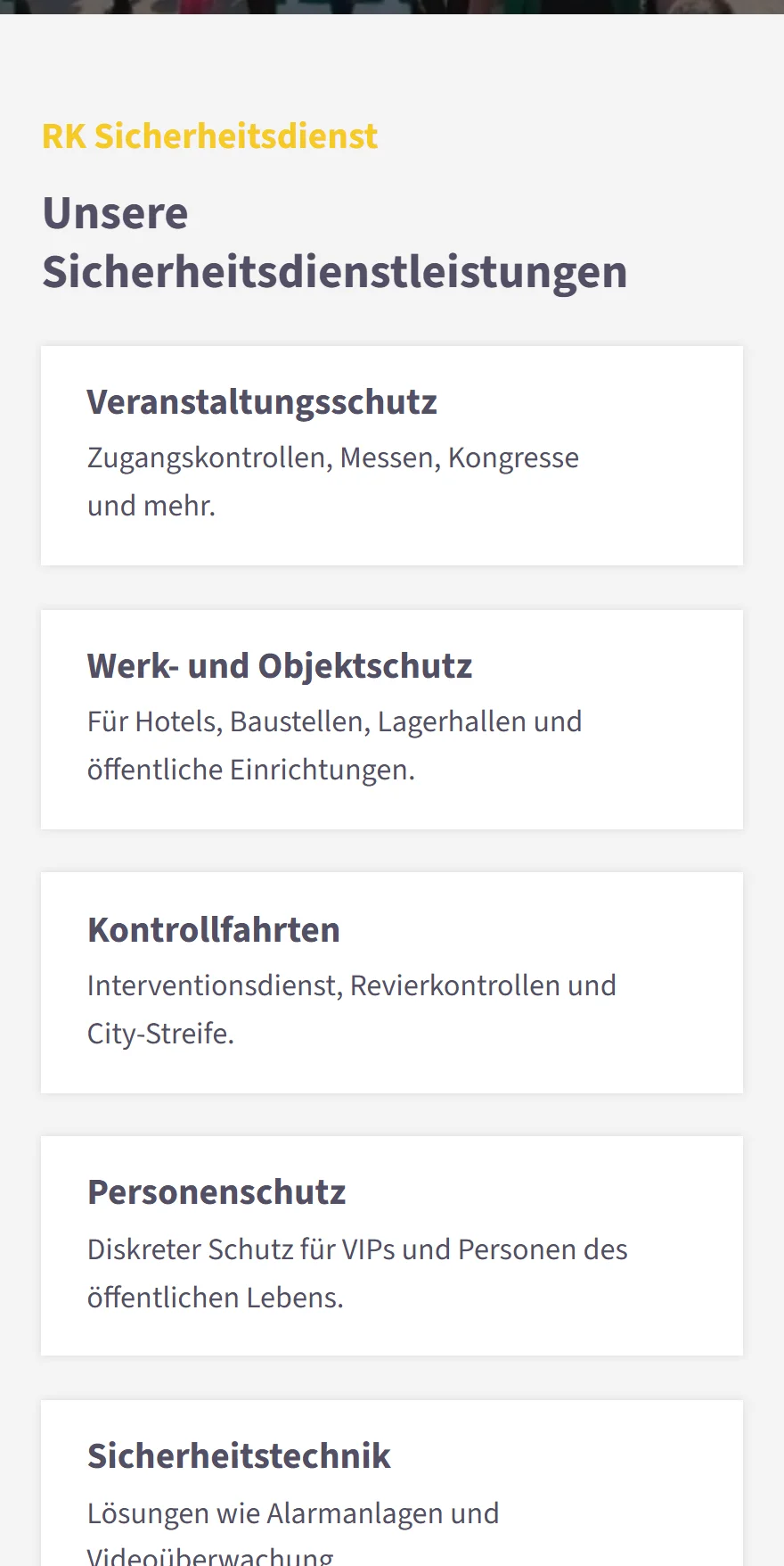 Website von RK Sicherheitsdienst e.K. – Handyansicht: RK Sicherheitsdienst