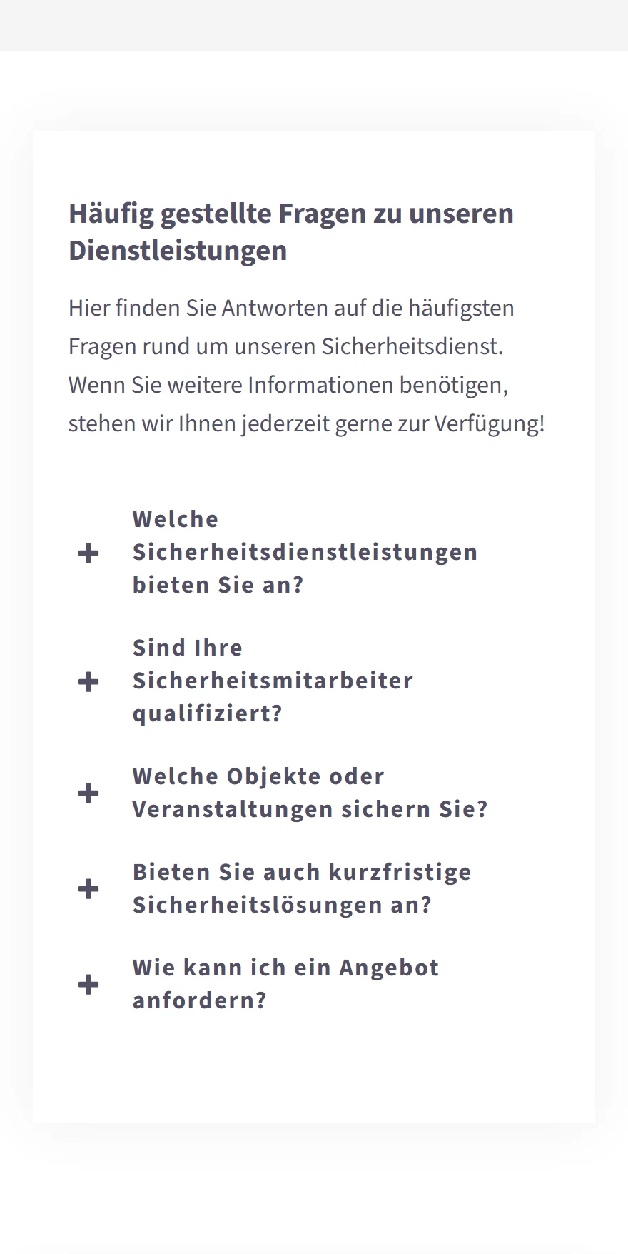 Website von RK Sicherheitsdienst e.K. – Handyansicht: Häufig gestellte Fragen zu unseren Dienstleistungen