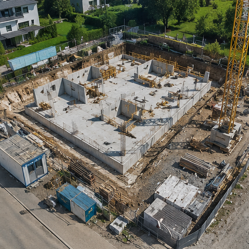 Drohnenaufnahme von einer Baustelle von meinem Kunden wo der Rohbau zu sehen ist.
