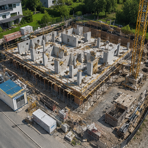 Drohnenaufnahme von einer Baustelle von meinem Kunden wo der Rohbau in der 2. Phase zu sehen ist.