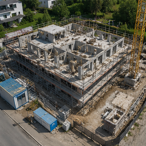 Drohnenaufnahme von einer Baustelle von meinem Kunden wo der Rohbau in der 3. Phase zu sehen ist.
