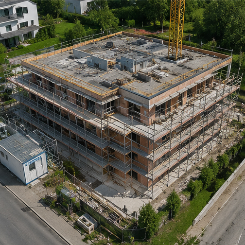 Drohnenaufnahme von einer Baustelle von meinem Kunden wo der Rohbau in der 4. Phase zu sehen ist.