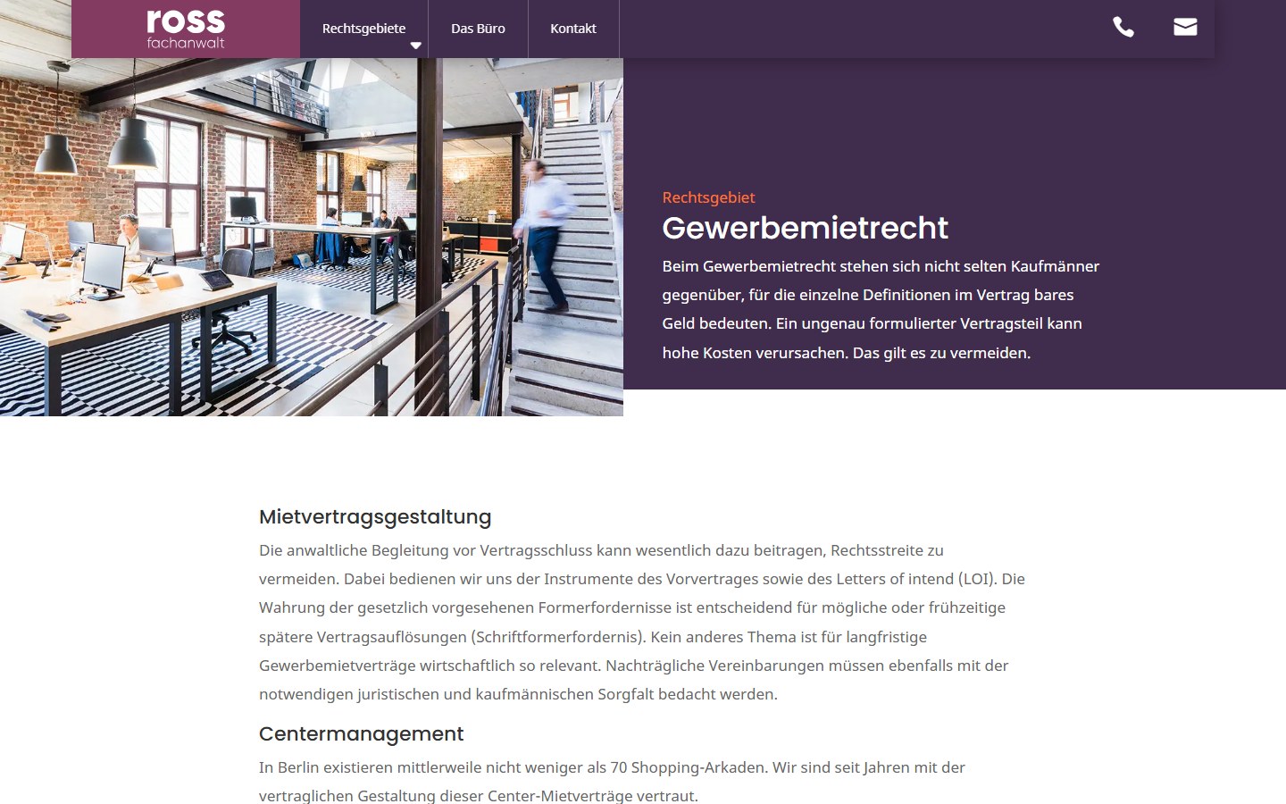 Website von Ross - Fachanwalt für Mietrecht – Desktopansicht: Gewerbemietrecht