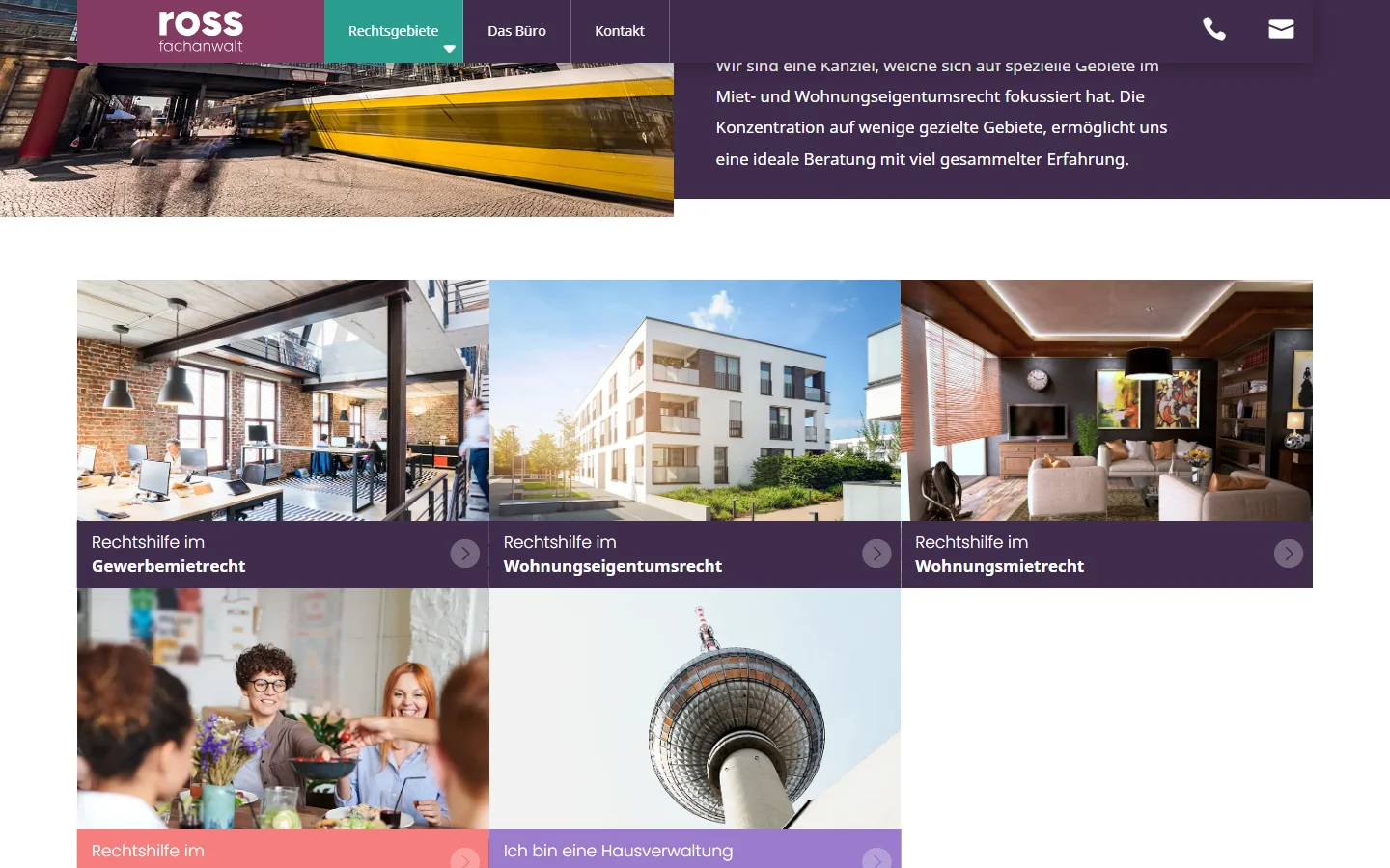 Website von Ross - Fachanwalt für Mietrecht – Desktopansicht: Rechtsgebiete