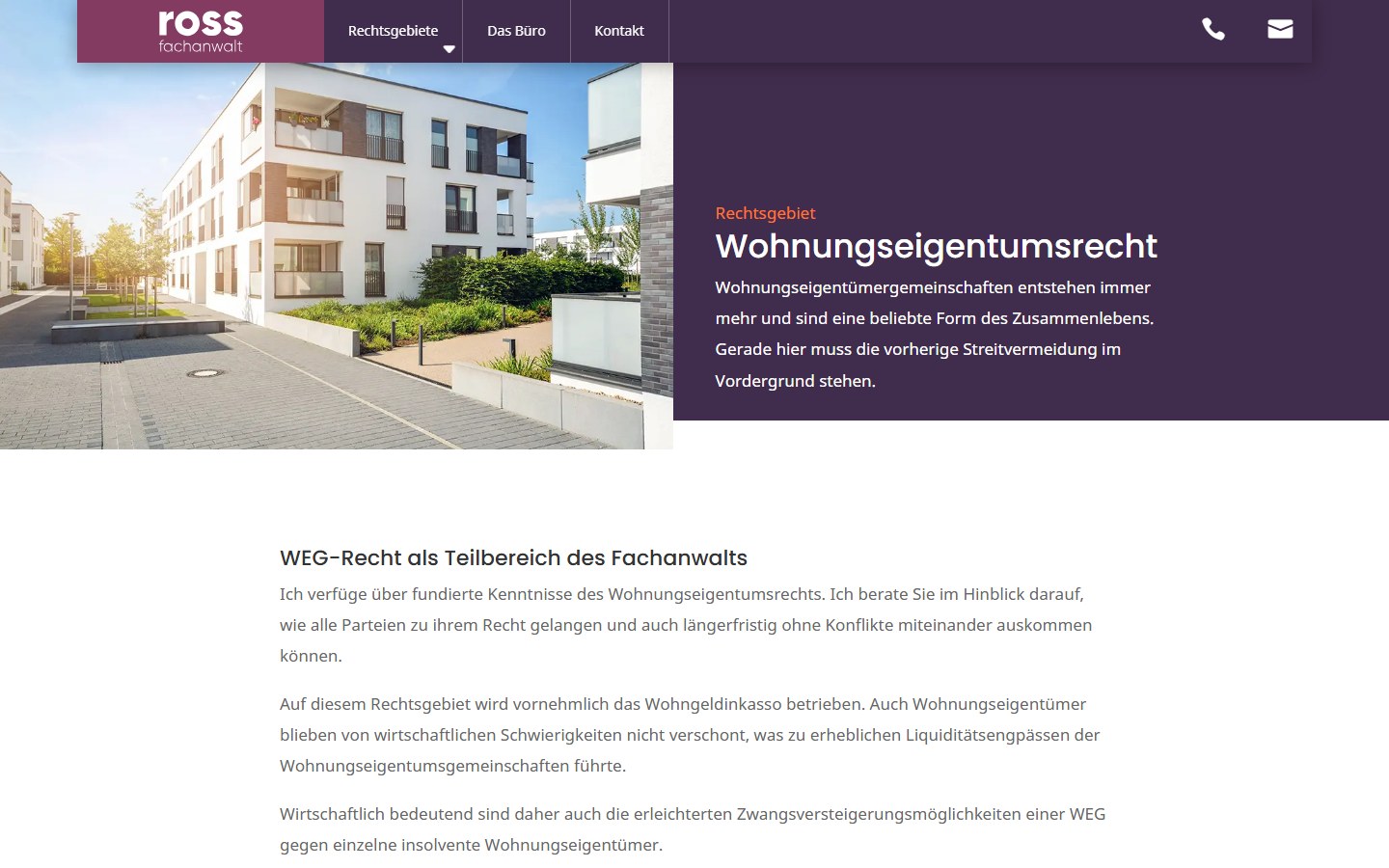 Website von Ross - Fachanwalt für Mietrecht – Desktopansicht: Wohnungseigentumsrecht