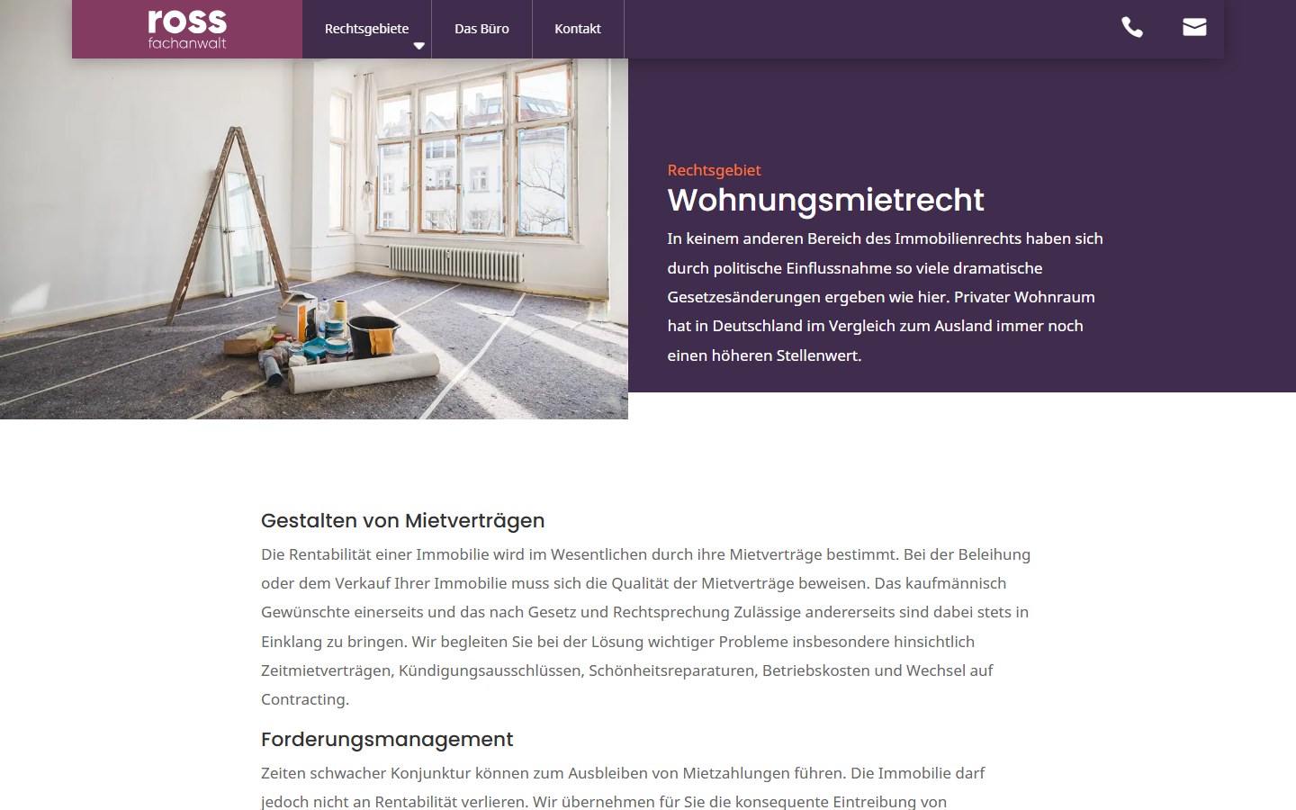 Website von Ross - Fachanwalt für Mietrecht – Desktopansicht: Wohnungsmietrecht