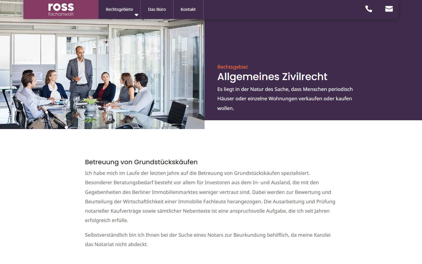 Website von Ross - Fachanwalt für Mietrecht – Desktopansicht: Allgemeines Zivilrecht