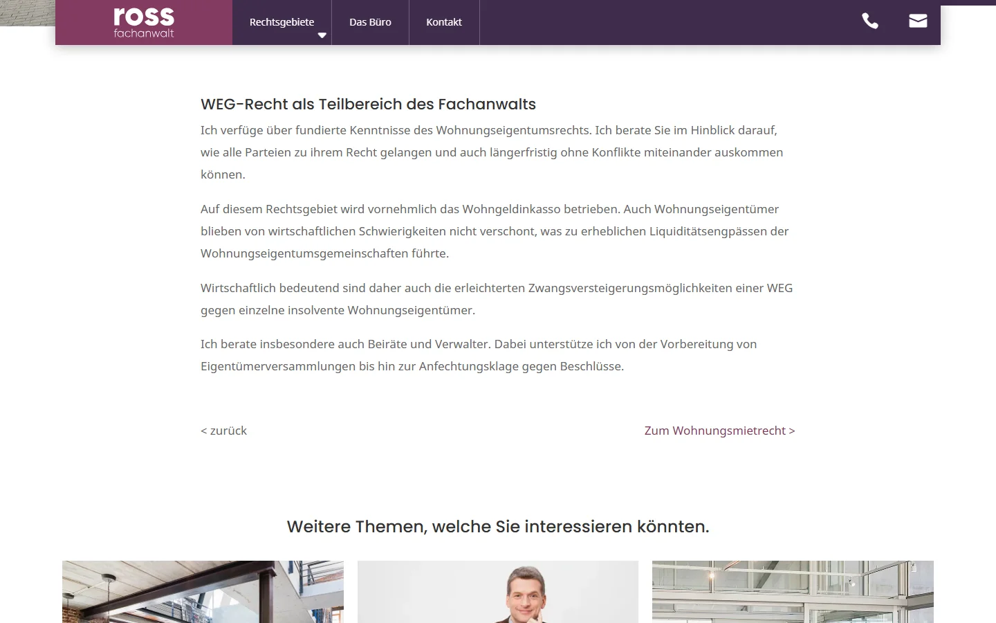 Website von Ross - Fachanwalt für Mietrecht – Desktopansicht: WEG-Recht als Teilbereich des Fachanwalts