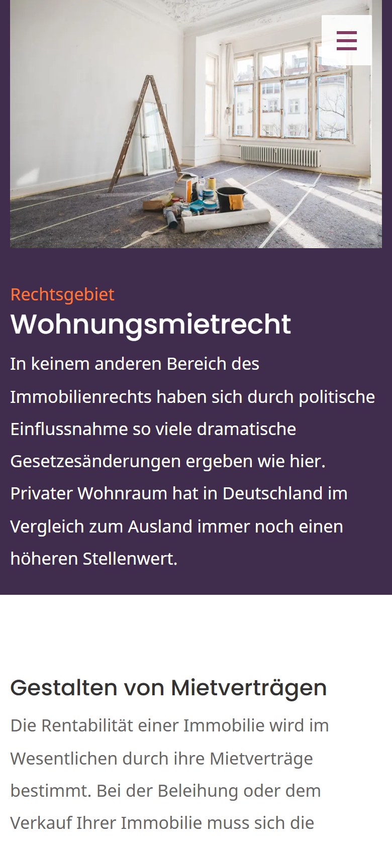 Website von Ross - Fachanwalt für Mietrecht – Handyansicht: Wohnungsmietrecht