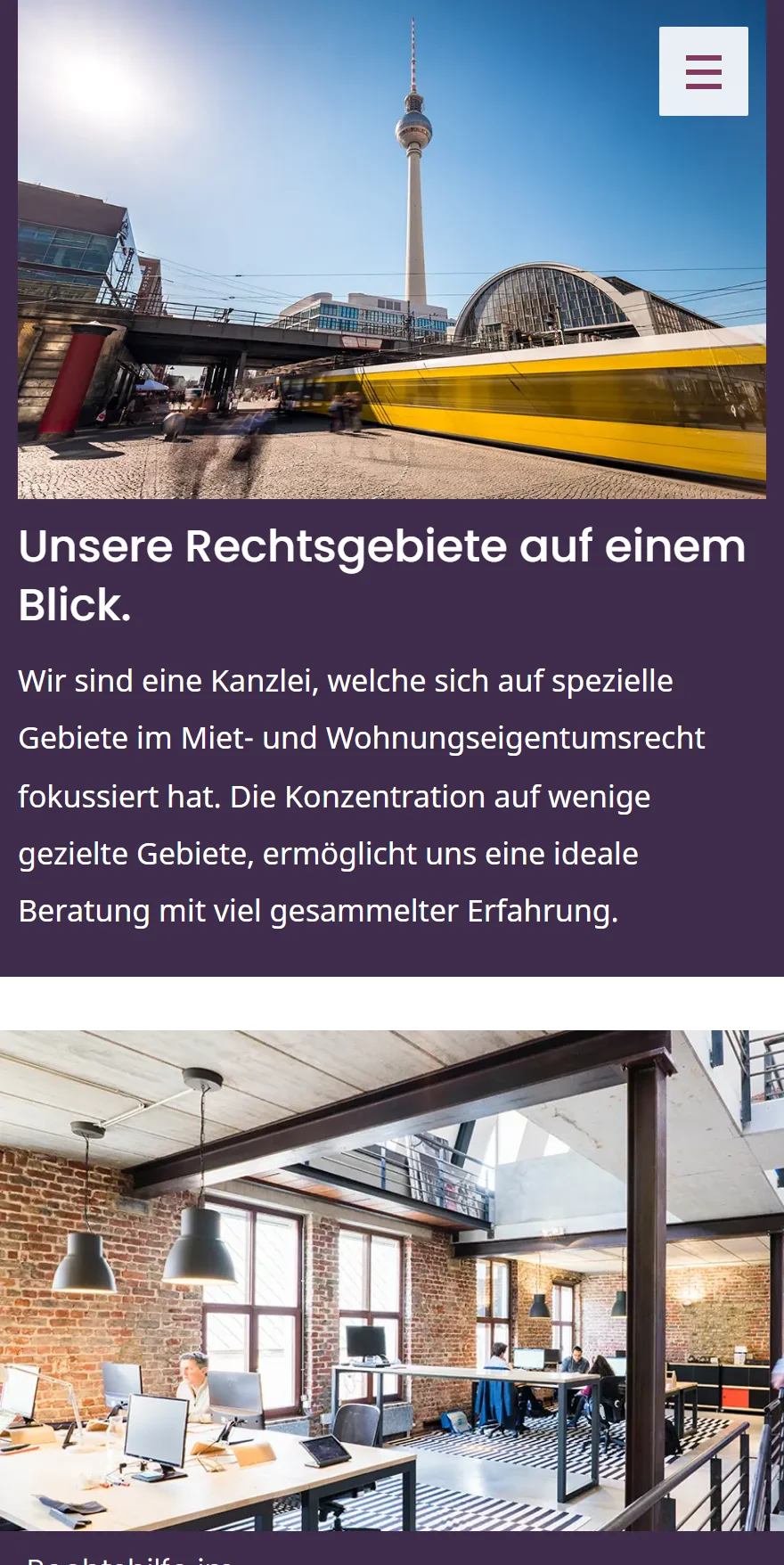 Website von Ross - Fachanwalt für Mietrecht – Handyansicht: Unsere Rechtsgebiete auf einem Blick.