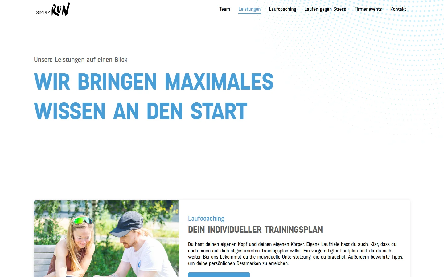 Website von SIMPLY RUN – Desktopansicht: Unsere Leistungen auf einen Blick