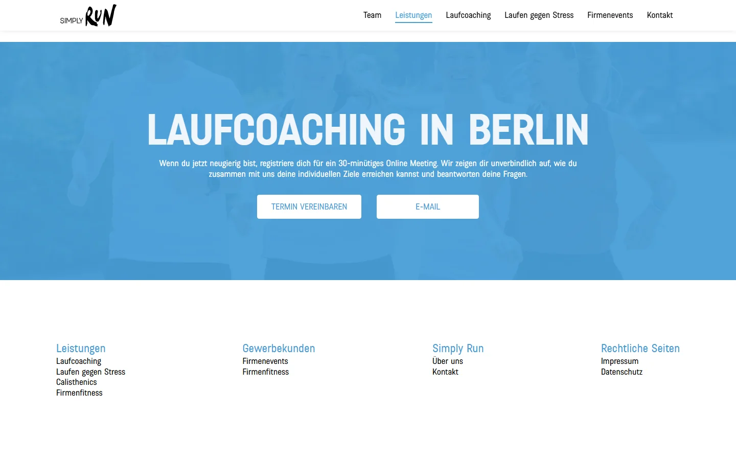 Website von SIMPLY RUN – Desktopansicht: Leistungen