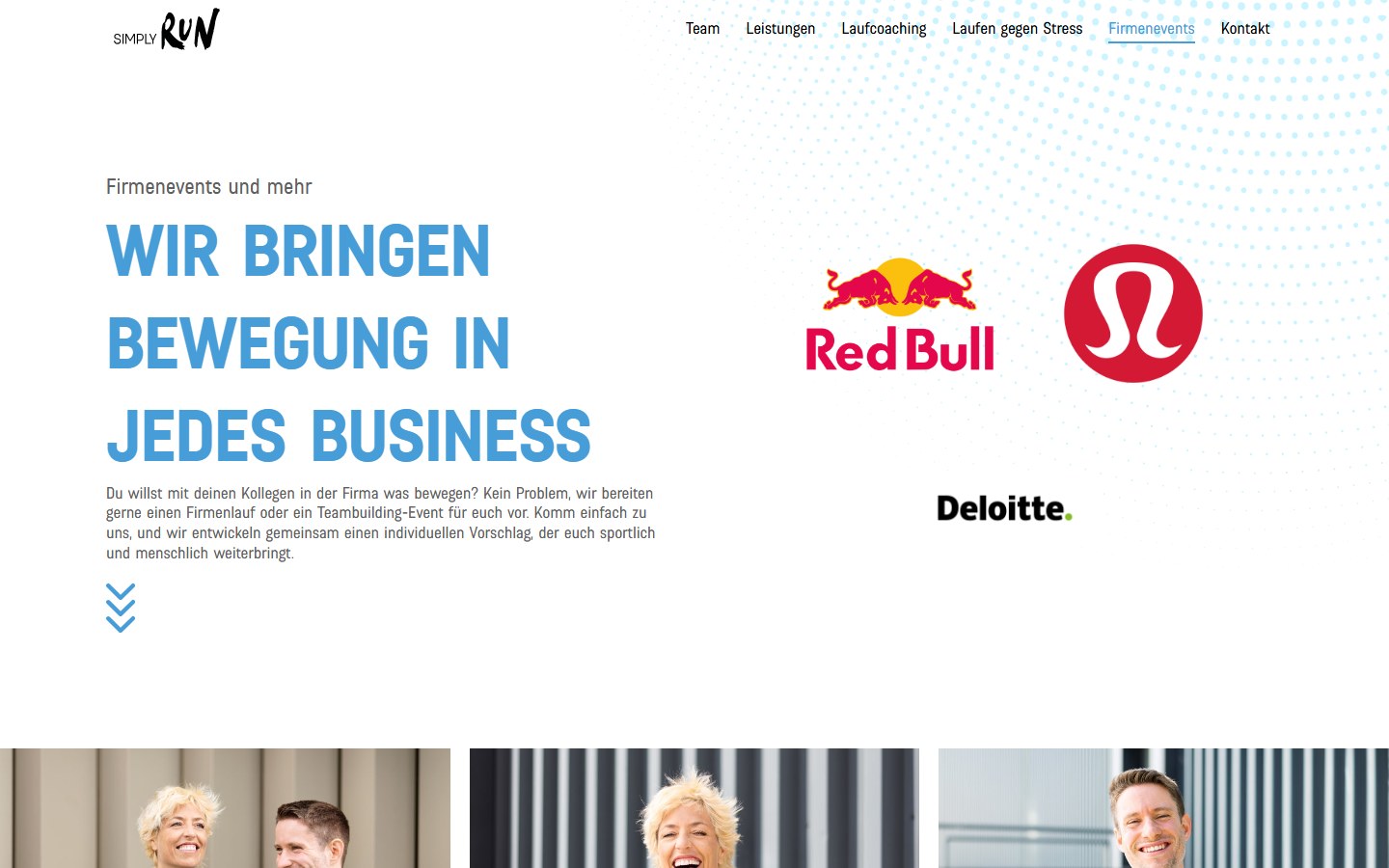 Website von SIMPLY RUN – Desktopansicht: Firmenevents