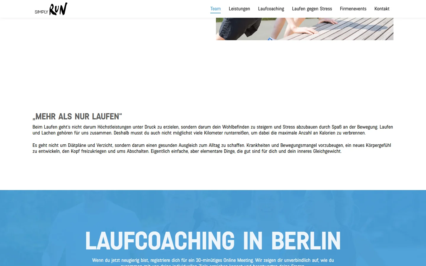 Website von SIMPLY RUN – Desktopansicht: „MEHR ALS NUR LAUFEN“