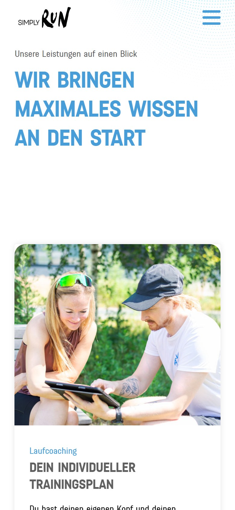 Website von SIMPLY RUN – Handyansicht: Leistungen