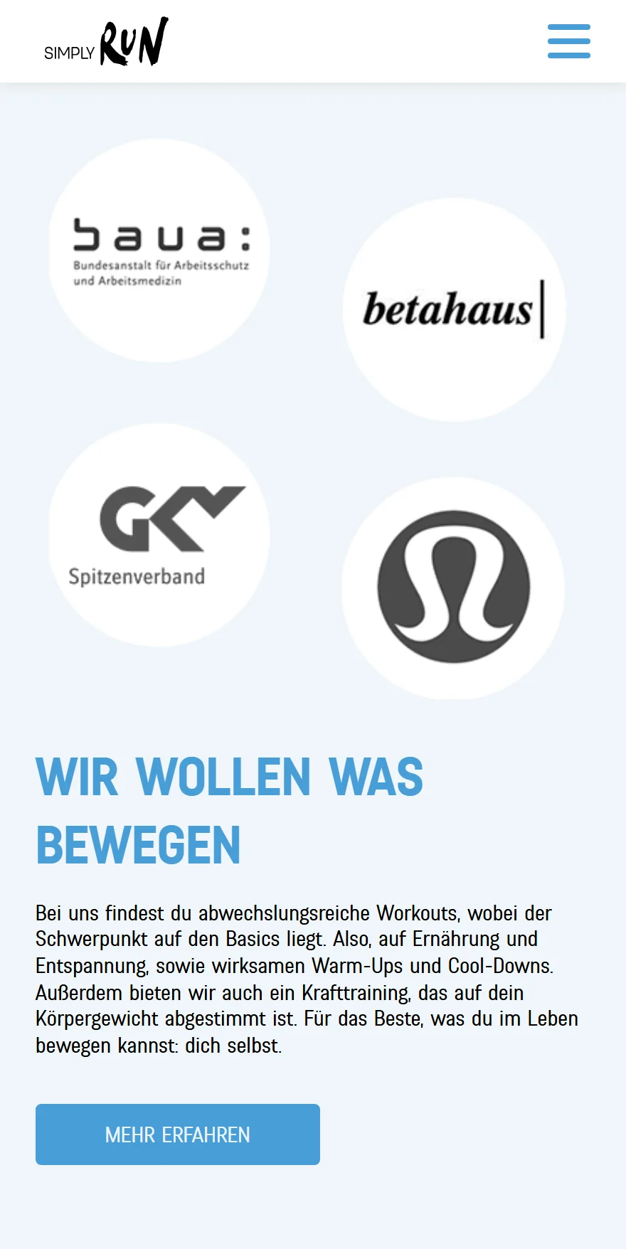 Website von SIMPLY RUN – Handyansicht: WIR WOLLEN WAS BEWEGEN