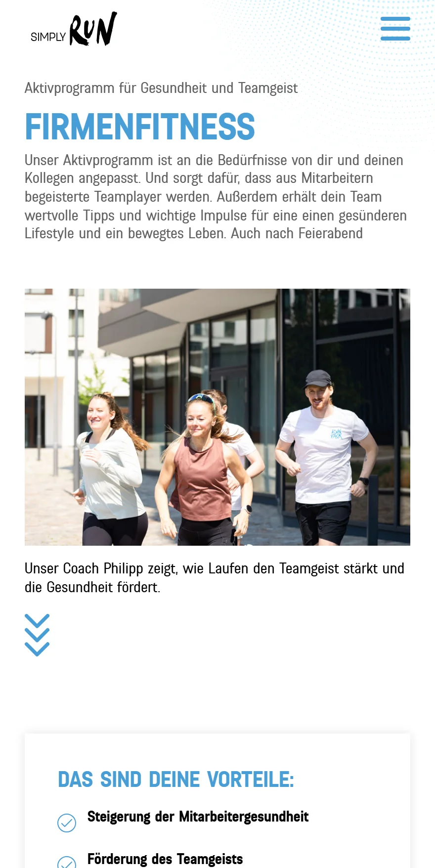Website von SIMPLY RUN – Handyansicht: Aktivprogramm für Gesundheit und Teamgeist