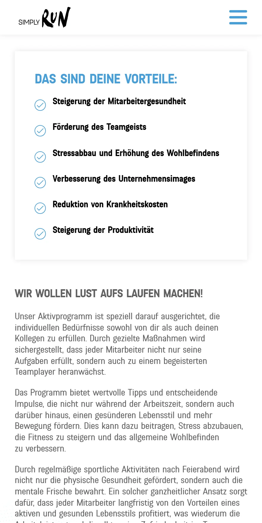 Website von SIMPLY RUN – Handyansicht: WIR WOLLEN LUST AUFS LAUFEN MACHEN!