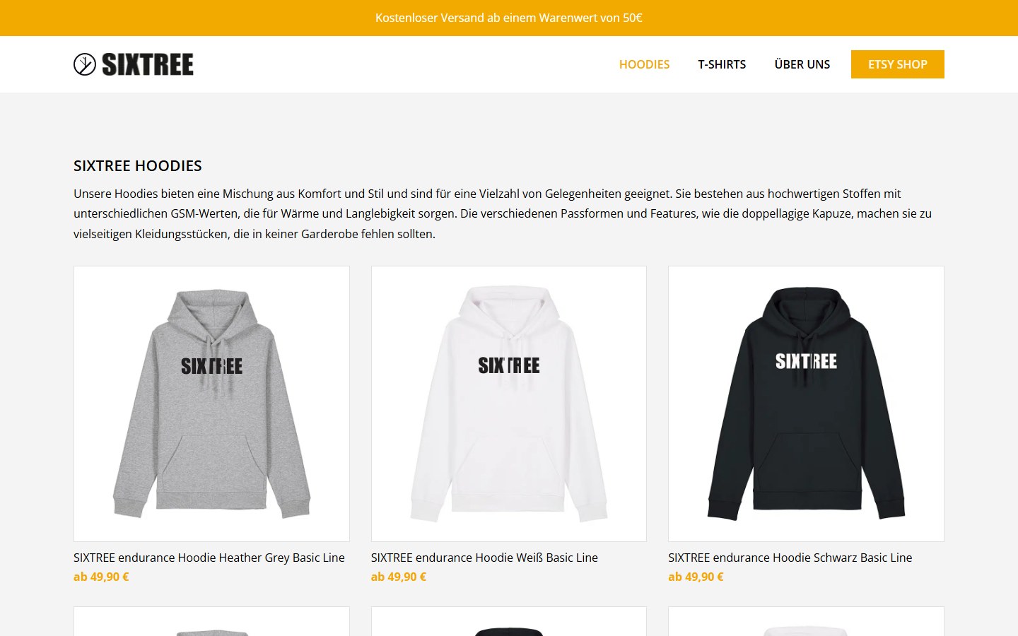 Website von Sixtree – Desktopansicht: Hoodies
