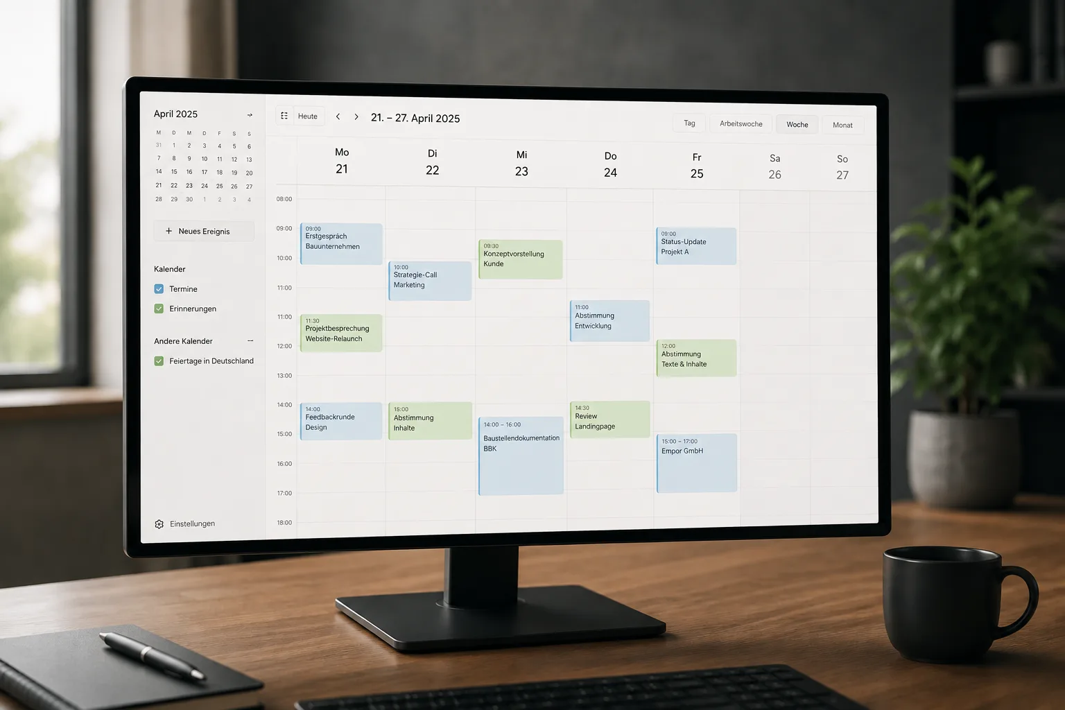 Ein Monitor auf dem Schreibtisch mit einem geöffneten Kalender vom webdesign-service.berlin mit Einträgen für verschiedene Termine.