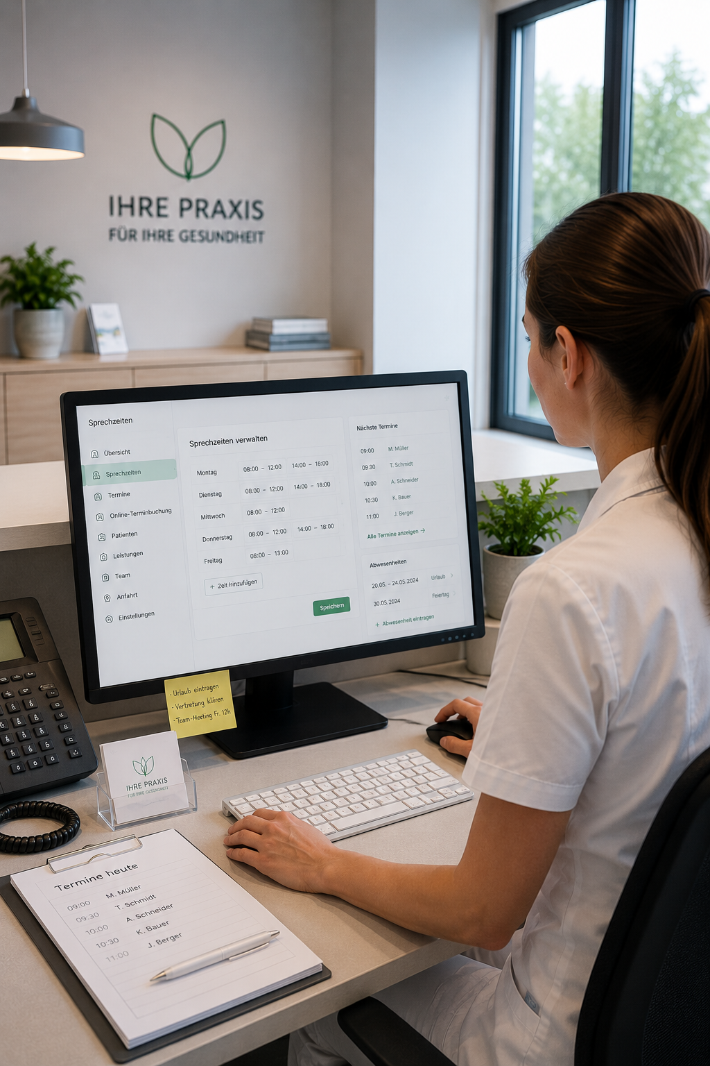 Empfangsdame in einer Arztpraxis welche gerade die Termine im Online-Kalender überprüft und pflegt.