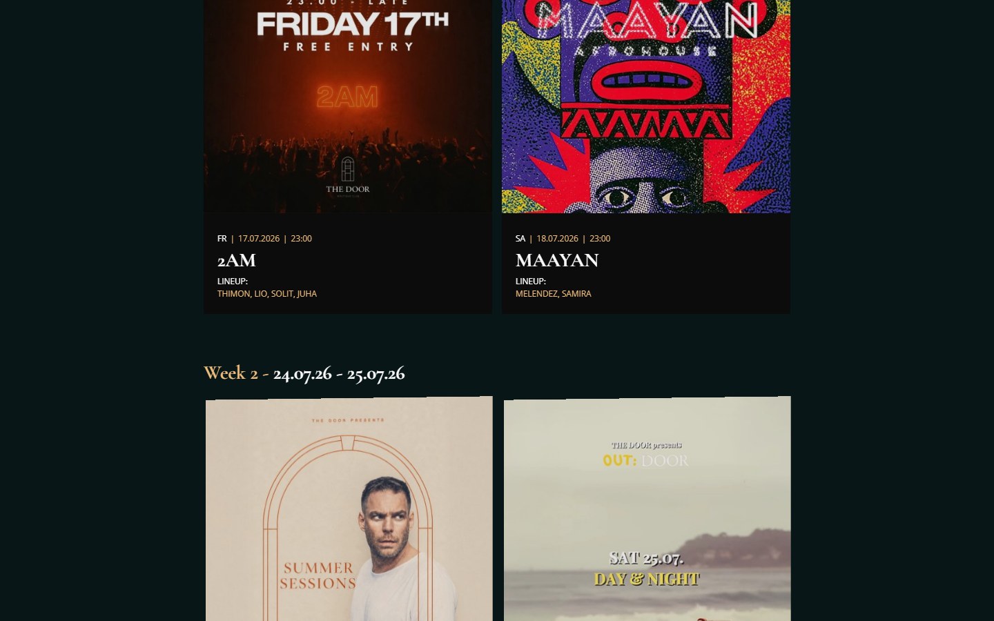 Website von THE DOOR – Desktopansicht: Events