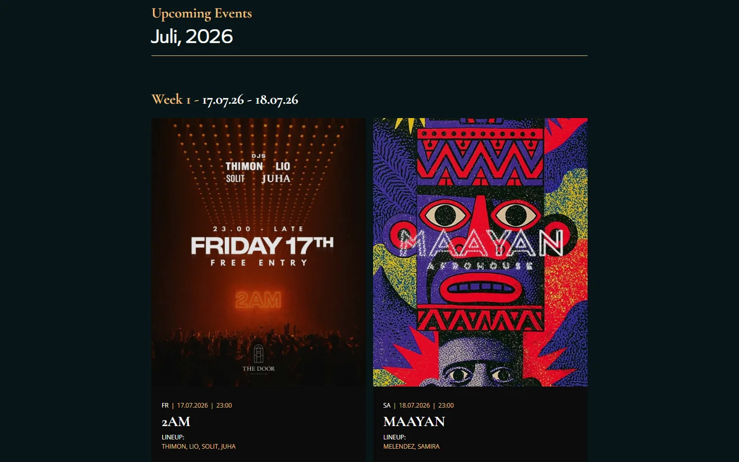 Website von THE DOOR – Desktopansicht: Upcoming Events