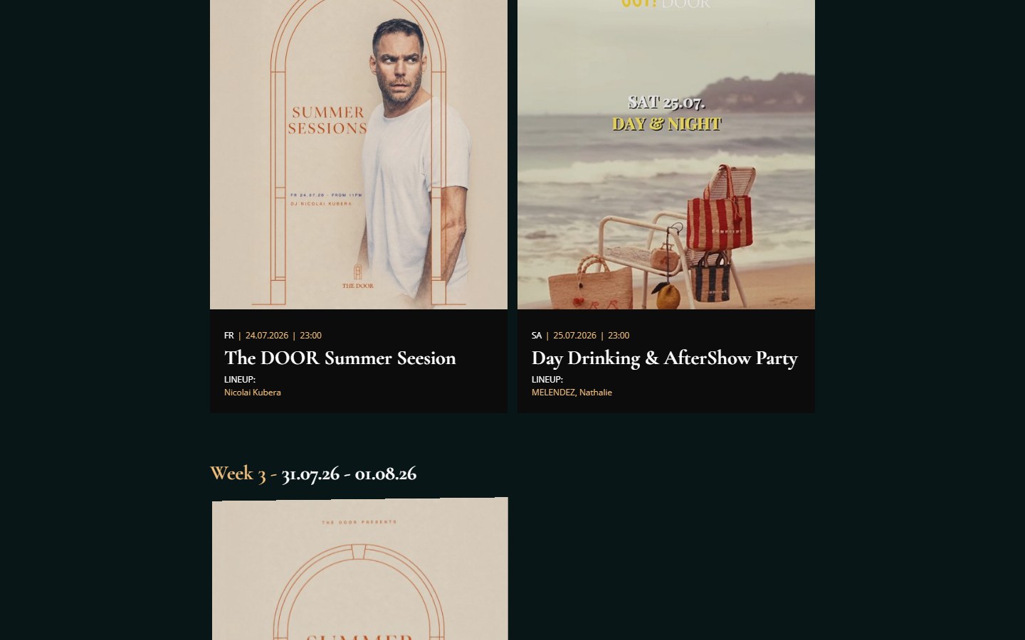 Website von THE DOOR – Desktopansicht: Events