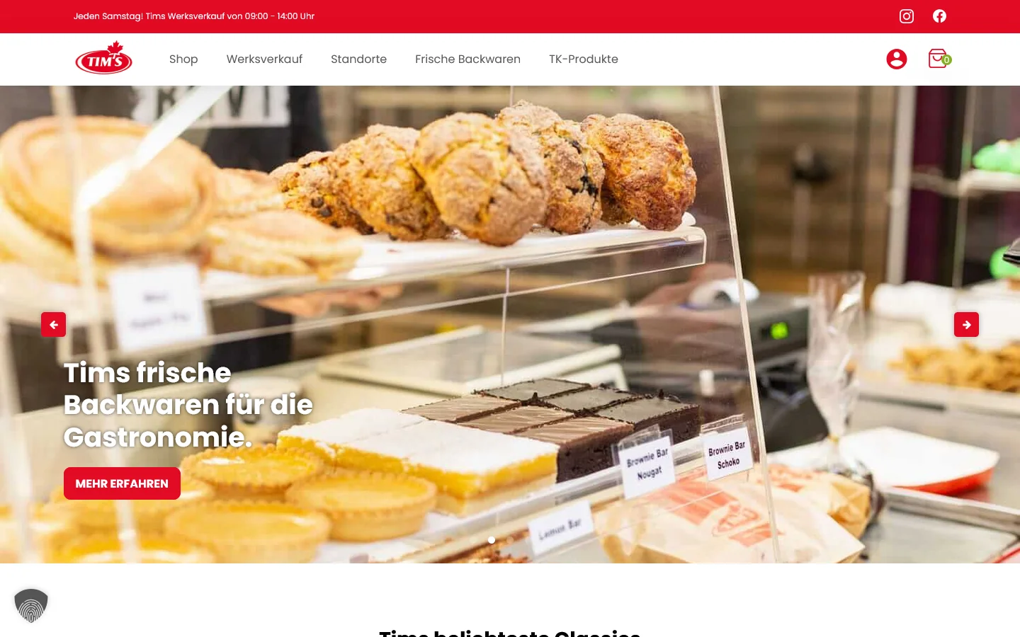 Website von Tims Kanadische Backwaren – Desktopansicht