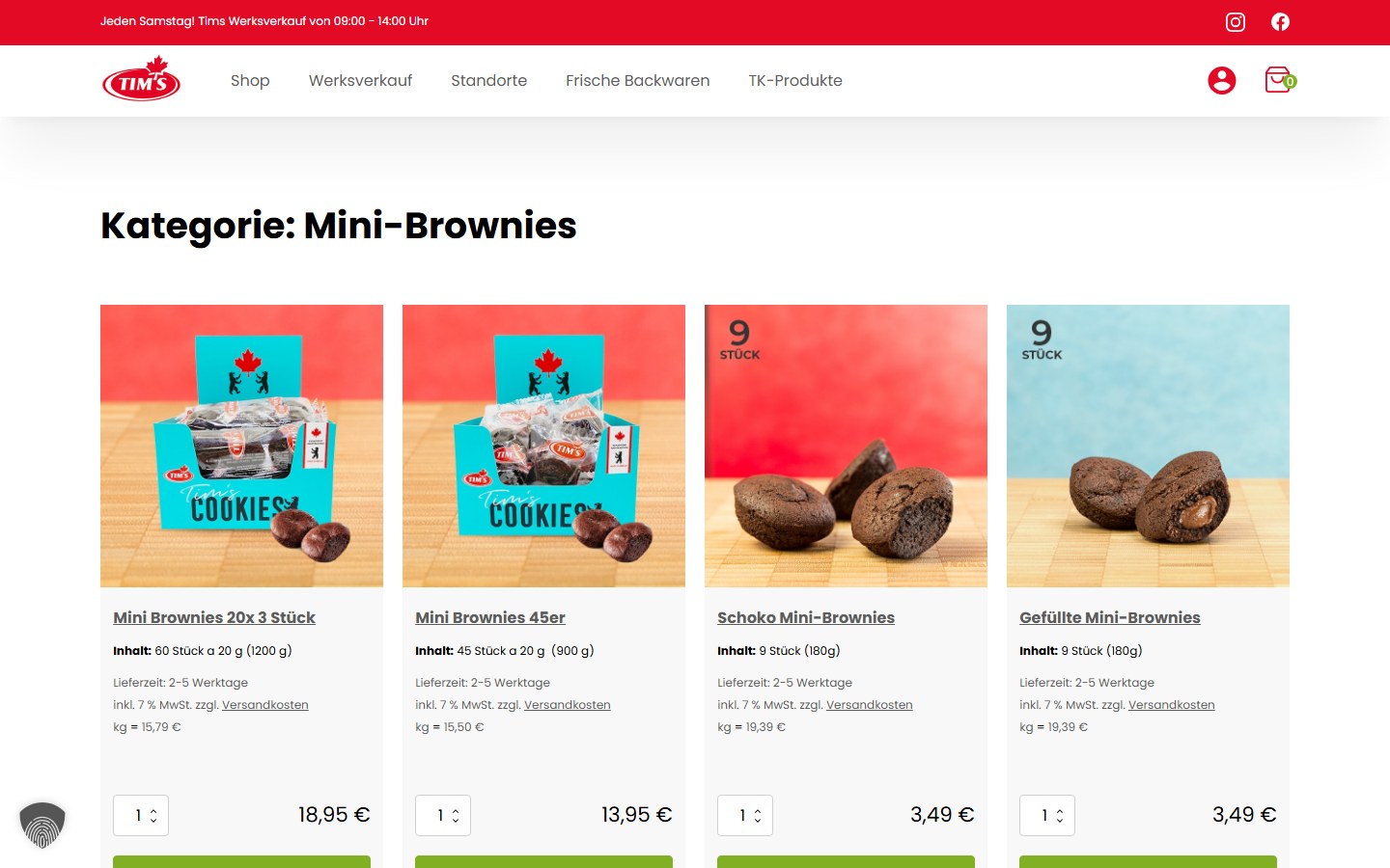 Website von Tims Kanadische Backwaren – Desktopansicht: Mini-Brownies