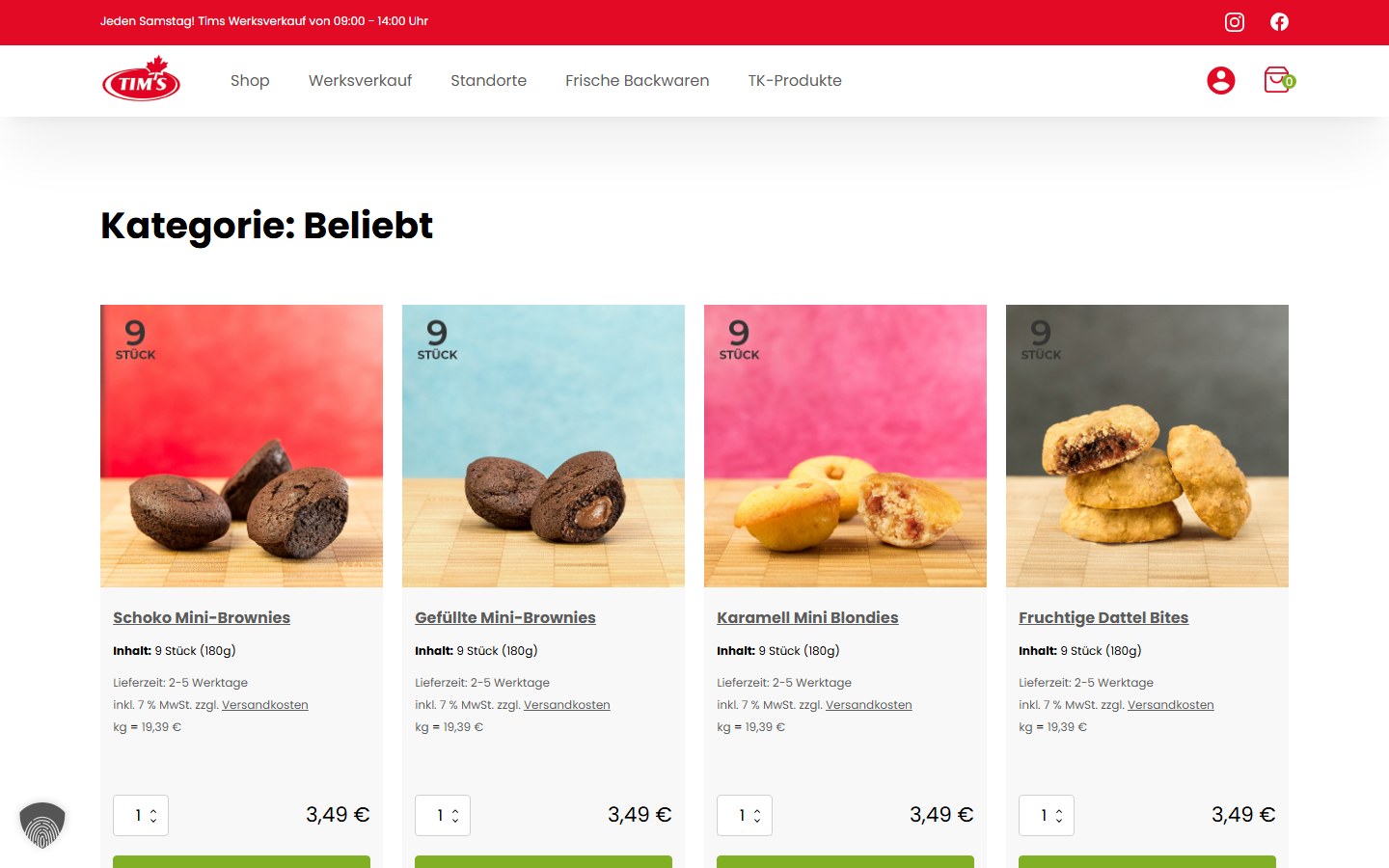 Website von Tims Kanadische Backwaren – Desktopansicht: Beliebt