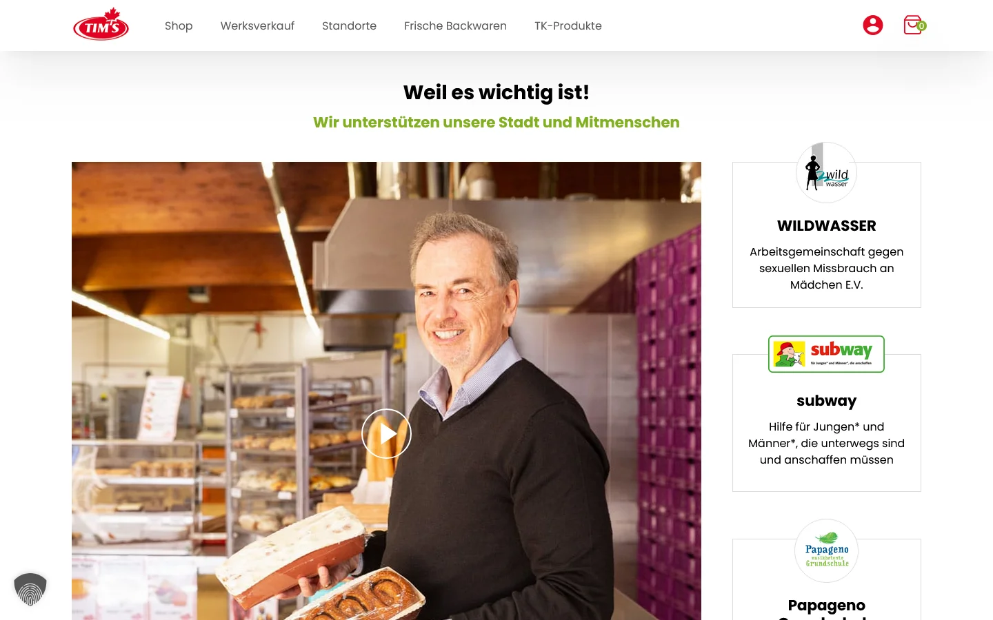 Website von Tims Kanadische Backwaren – Desktopansicht