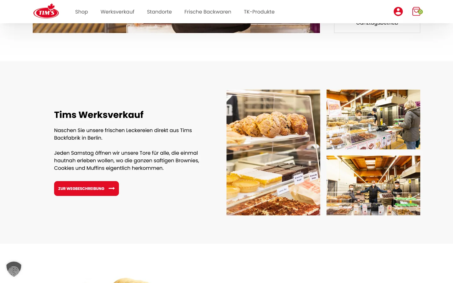Website von Tims Kanadische Backwaren – Desktopansicht
