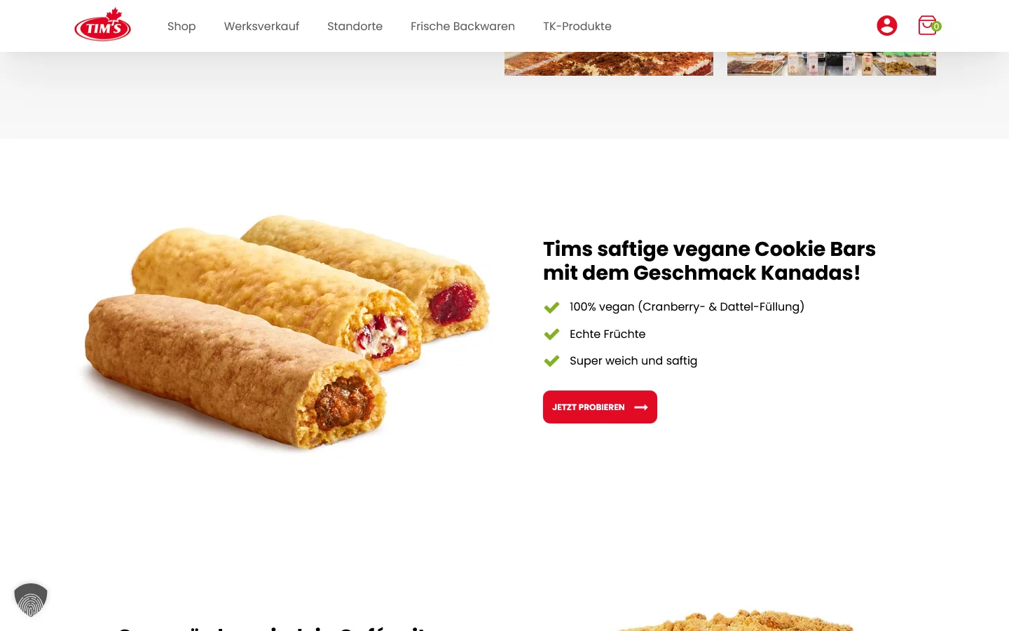 Website von Tims Kanadische Backwaren – Desktopansicht
