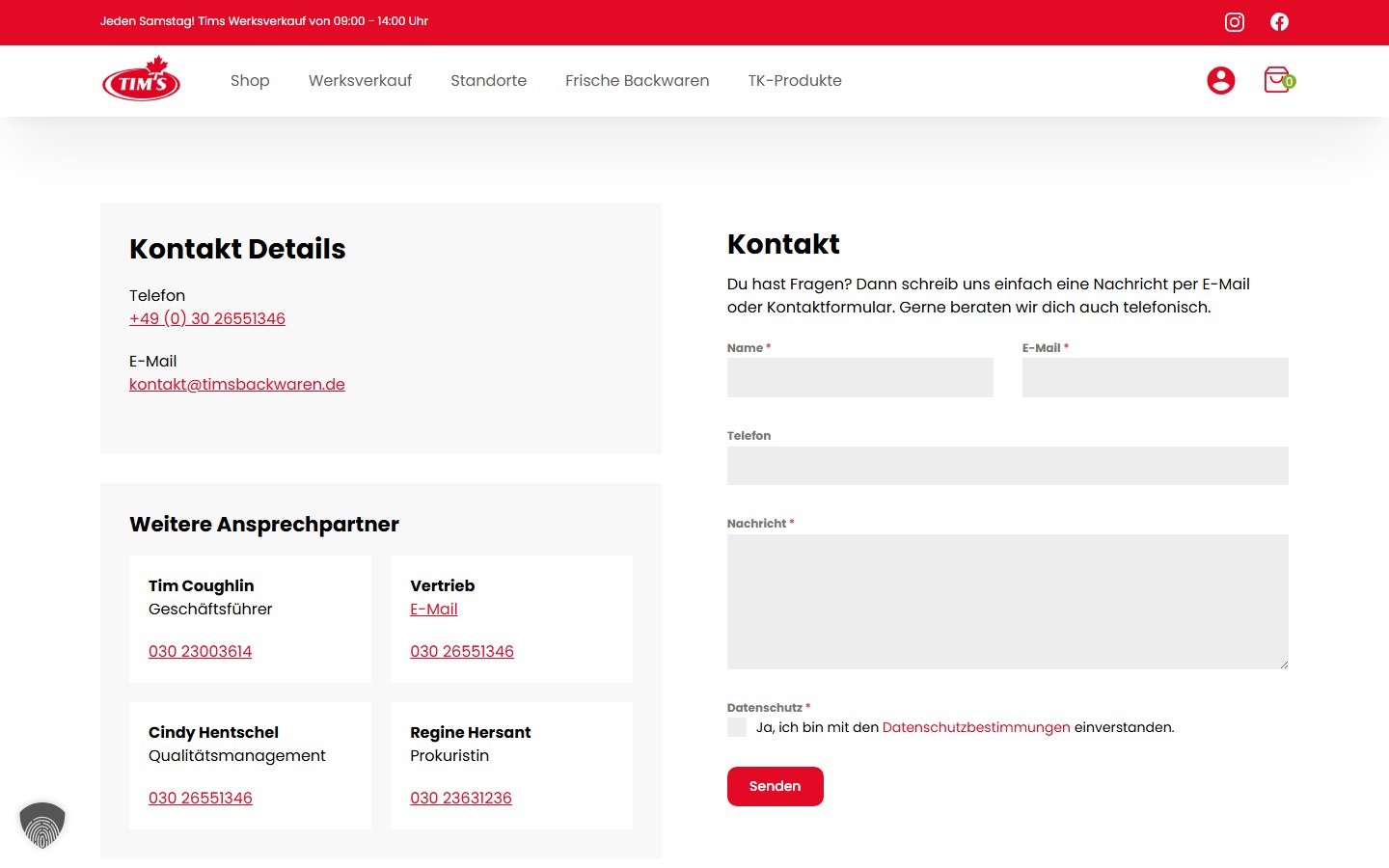 Website von Tims Kanadische Backwaren – Desktopansicht: Du hast Fragen?