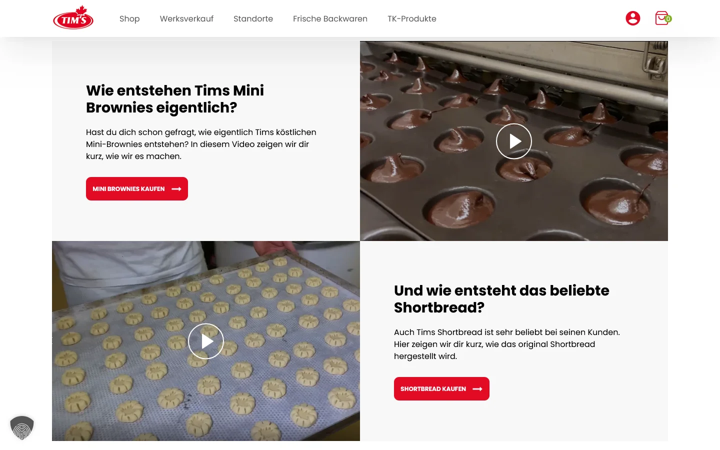 Website von Tims Kanadische Backwaren – Desktopansicht