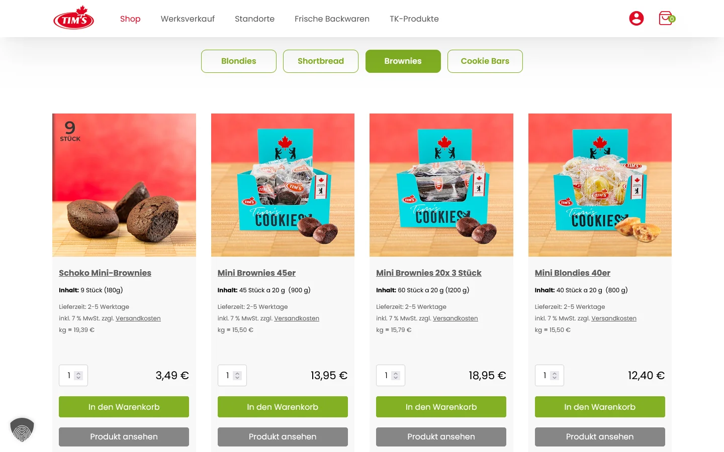 Website von Tims Kanadische Backwaren – Desktopansicht