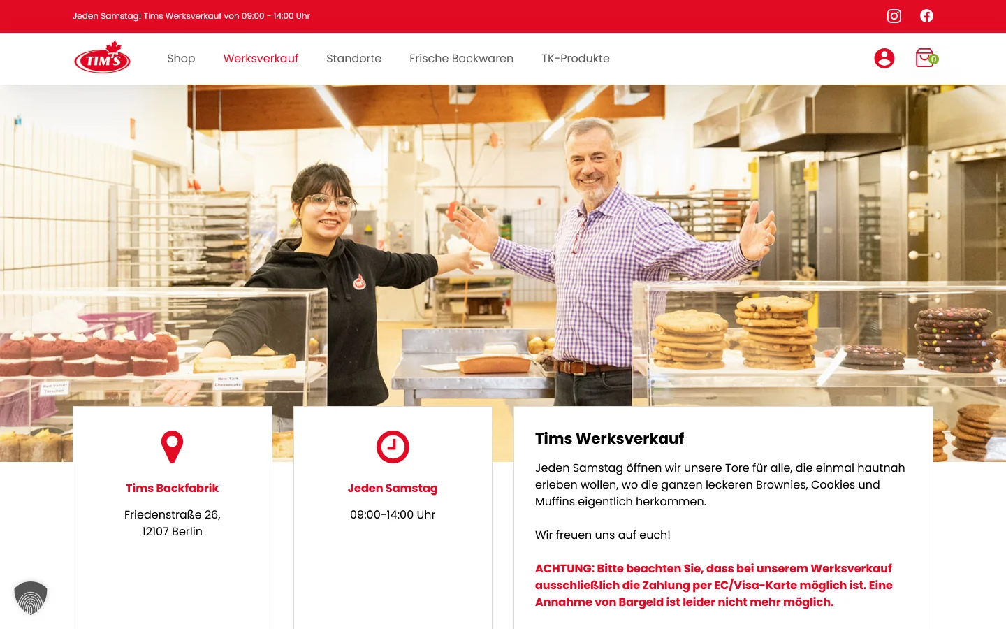 Website von Tims Kanadische Backwaren – Desktopansicht