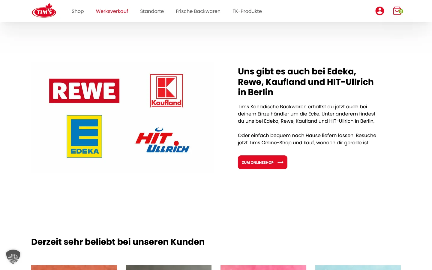 Website von Tims Kanadische Backwaren – Desktopansicht