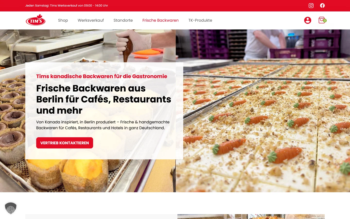 Website von Tims Kanadische Backwaren – Desktopansicht