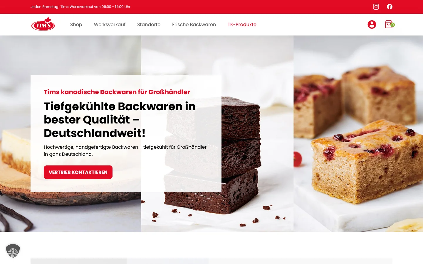Website von Tims Kanadische Backwaren – Desktopansicht
