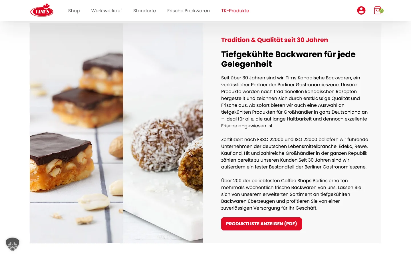 Website von Tims Kanadische Backwaren – Desktopansicht