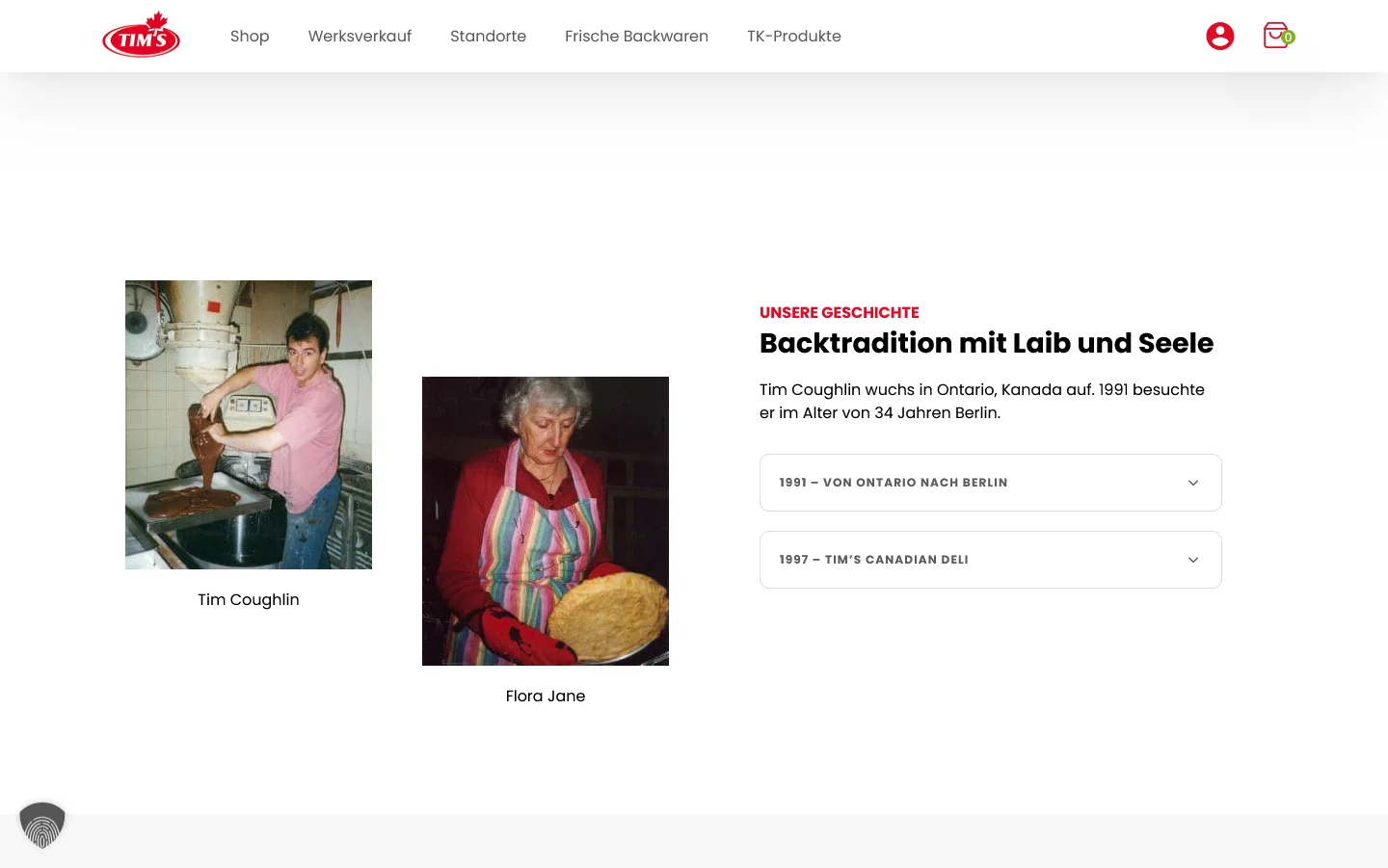 Website von Tims Kanadische Backwaren – Desktopansicht