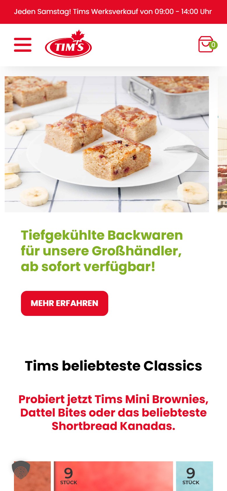 Website von Tims Kanadische Backwaren – Handyansicht
